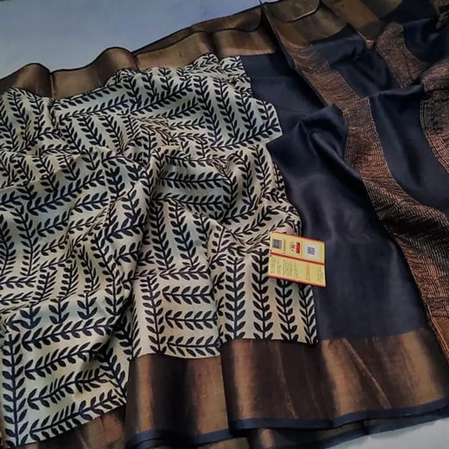 Tussar Silk Cotton Saree Traditional Block Digital Print Tiny Border Designer Pallu With Blouse Piece